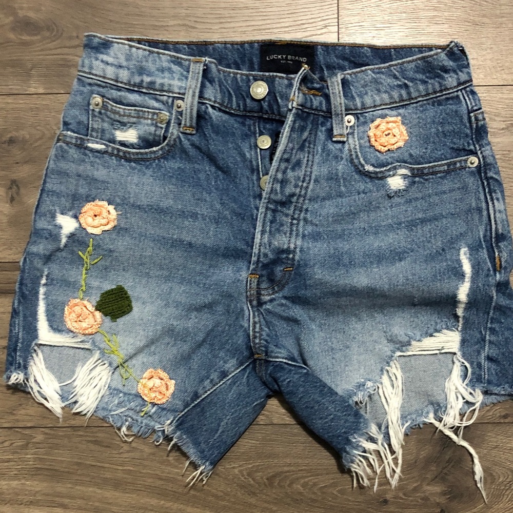 Lucky Brand Blue Distressed Denim Cutoff Shorts with Peach Floral Embroidery